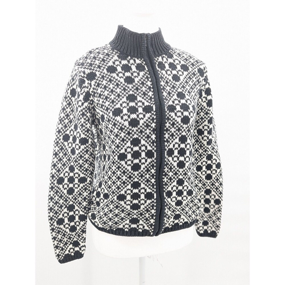 Talbots Vtg 100% Cotton Black White Nordic Zip Up Sweater Cardigan Size Small